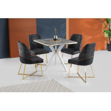 Masă Kare Ares Dining Table, Metalic, Auriu - Negru - Alb, 87x75x87 cm