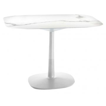 Masa Kartell Multiplo design Antonio Citterio 99x99cm h74cm baza patrata blat cu finisaj marmura alb