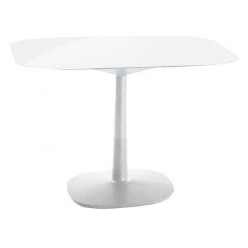 Masa Kartell Multiplo design Antonio Citterio 99x99cm h74cm baza patrata blat sticla alb