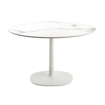 Masa rotunda Kartell Multiplo design Antonio Citterio d118cm h74cm baza patrata blat cu finisaj marmura alb