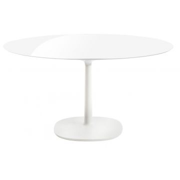 Masa rotunda Kartell Multiplo design Antonio Citterio d118cm h74cm baza patrata blat sticla alb