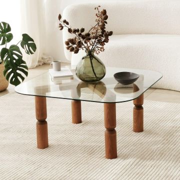 Masuta de cafea Kei Lemn Solid cu Sticla Securizata, 80x40x80 cm