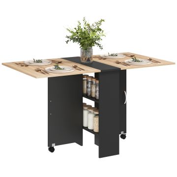 HOMCOM Masă Pliabilă pentru 4-6 Persoane, cu 2 Roți, Masă Rabatabilă cu 2 Rafturi pentru Depozitare, 140x75x74 cm, Negru | Aosom Romania
