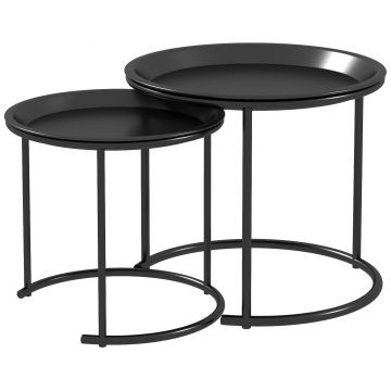 HOMCOM Set 2 Măsuțe de Cafea Suprapozabile, Măsuțe Joase Rotunde cu Tavă Detașabilă din Oțel, Ø 43x38 cm,  Negru | Aosom Romania