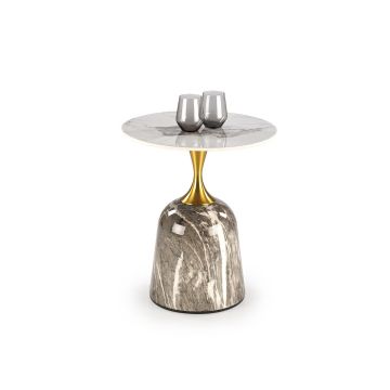 Masuta de Cafea HAGEN 279 Rotunda, Ø50X59 cm, Otel Vopsit/Piatra Sinterizata, Auriu/Alb Marmura/Gri Marmura