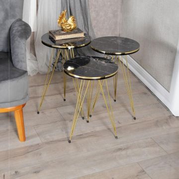 Mese laterale Wakmi set 3 piese marmura neagra - metal, negru, 33x33x55 cm