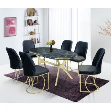 Set TIMARA, masa cu 6 scaune, ovala, 6 persoane, marmura lotus + auriu + negru, 160x80 cm