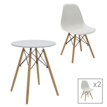 Set de 3 buc masa si scaune Julita MDF si lemn de fag nuanta alb-natural 60x60x73 cm