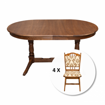 Set masa extensibila EUROPA ovala cu 4 scaune FLANDER stofa print 06, lemn masiv, nuc, 160 240x90x70 cm