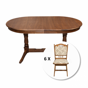 Set masa extensibila EUROPA ovala cu 6 scaune FLANDER stofa print 04, lemn masiv, nuc, 160 240x90x70 cm