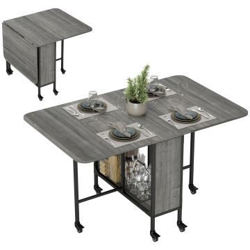 HOMCOM Masă Pliabilă, Rabatabilă pentru 4-6 Persoane cu Raft și 6 Roți, din Lemn și Metal, 130x80x74 cm, Gri | Aosom Romania