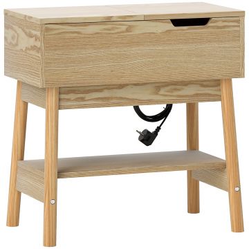 HOMCOM Măsuță de Sufragerie cu 2 Prize CA, Porturi USB, Raft Rabatabil și Raft Deschis, 30x60x60,5 cm, Natural | Aosom Romania