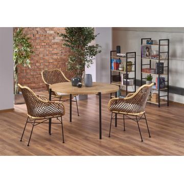 Set masa rotunda din MDF si metal Morgado Stejar / Negru + 4 scaune din ratan cu picioare metalice Kai-336, Ø120xH76 cm