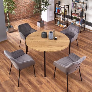Set masa din MDF si metal Morgan Stejar / Negru + 4 scaune tapitate cu stofa K305 Gri, Ø120xH76 cm Set masa din MDF si metal Morgan Stejar / Negru + 4 scaune tapitate cu stofa K305 Gri, Ø120xH76 cm