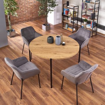 Set masa rotunda din MDF si metal Morgado Stejar / Negru + 4 scaune tapitate cu stofa Kai-305 Gri, Ø120xH76 cm