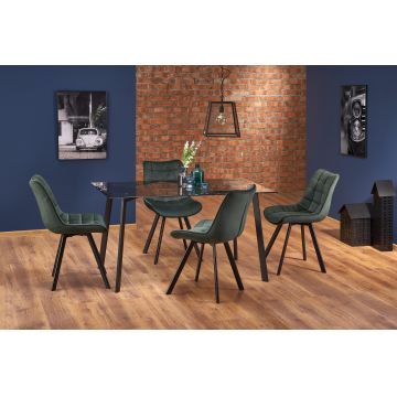 Set masa din sticla si metal Trixy Negru + 4 scaune tapitate cu stofa Kai-332 Verde inchis, L140xl80xH75 cm