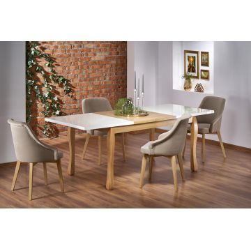 Set masa extensibila din MDF si lemn de fag Donovan Alb / Stejar + 4 scaune tapitate Toledo 2 Bej, L140-210xl90xH76 cm Set masa extensibila din MDF si lemn de fag Donovan Alb / Stejar + 4 scaune tapitate Toledo 2 Bej, L140-210xl90xH76 cm