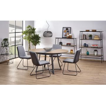 Set masa extensibila din MDF si metal Morettani Stejar / Negru + 4 scaune Kai-326 Gri, Ø118-148xH76 cm