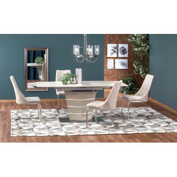 Set masa extensibila din MDF si metal Sorento Bej + 4 scaune tapitate cu stofa K322 Bej, L140-180xl80xH76 cm Set masa extensibila din MDF si metal Sorento Bej + 4 scaune tapitate cu stofa K322 Bej, L140-180xl80xH76 cm