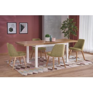 Set masa extensibila din pal si MDF Tiago 2 Stejar / Alb + 4 scaune tapitate Pueblo Verde Olive / Stejar, L140-220xl80xH76 cm