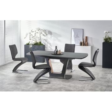 Set masa extensibila din sticla si MDF Bilotari Antracit + 4 scaune tapitate cu stofa si piele ecologica Kai-307 Gri inchis / Negru, L160-200xl90xH76 cm