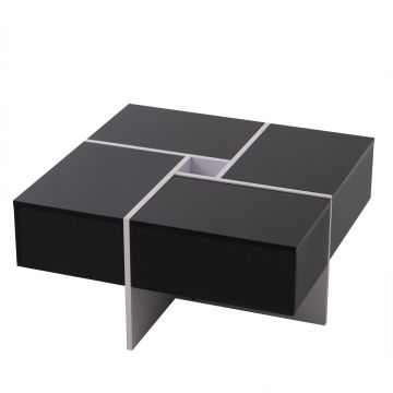 Elegantă măsuță de cafea lucioasă cu spațiu de depozitare integrat și 4 sertare, 70×70×35 cm, Negru+Alb