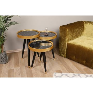 Set 3 Masute de Cafea Model Molina, 39x39x47/39x39x52.5/39x39x58.5 cm, Negru/Auriu