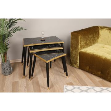 Set 3 Masute de Cafea Model Riggs, 42.5x33.5x37/47.5x37x50/52.5x38.8x60 cm, Negru marmorat