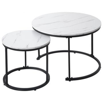 Set de 2 Măsuțe de Cafea Moderne Rotunde Suprapozabile din MDF cu Structură din Metal, Design Economisire Spațiu, 50x70,5 cm+45,5x44 cm, culoare marmură