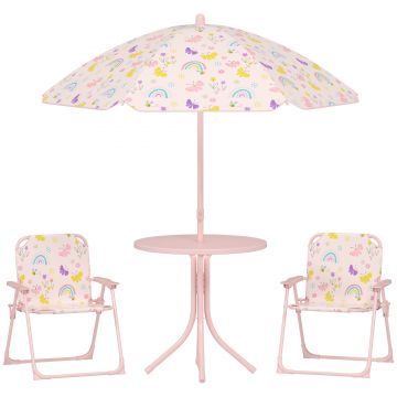 AIYAPLAY Set de Mobilier de Grădină din 4 Piese cu Masă, Scaune și Umbrelă de Soare Reglabilă, 50xΦ49,5 cm, Roz | Aosom Romania