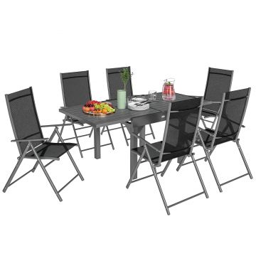 Outsunny Set de Grădină din 7 Piese cu Masă Extensibilă și 6 Scaune Pliabile cu Brațe, 90/180x90x75 cm, Gri și Negru | Aosom Romania