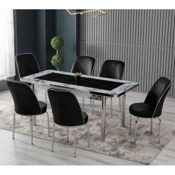 Set LION SILVER, masa extensibila cu 6 scaune, dreptunghiulara, marmura + argintiu + negru, 130 170x80x75 cm