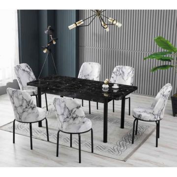 Set LION WOOD, masa extensibila cu 6 scaune, dreptunghiulara, marmura negru + alb, 130 170x80x75 cm