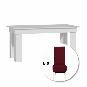 Set masa MONTILLA dreptungiulara cu 6 scaune VANESSA, alb + piele ecologica bordo, 160x80x75 cm