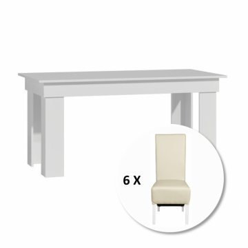 Set masa MONTILLA dreptungiulara cu 6 scaune VANESSA, alb + piele ecologica crem, 160x80x75 cm