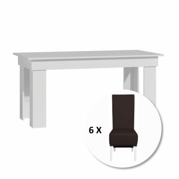 Set masa MONTILLA dreptungiulara cu 6 scaune VANESSA, alb + piele ecologica maro inchis, 160x80x75 cm
