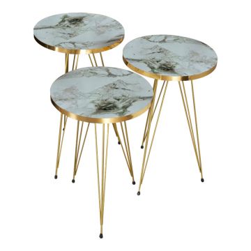 Mesute laterale Wakmi Set 3 piese marmura Alb-metal, auriu, 33x33x55 cm
