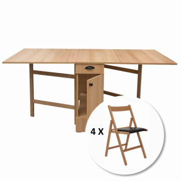 Set Masa plianta cu role si spatiu depozitare cu 4 scaune pliante BASIC, fag + piele ecologica wenge, 92 180x92x80 cm