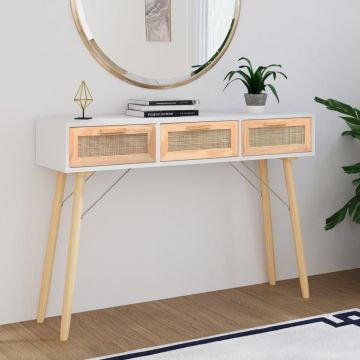 Gossi masa consola alb 105x30x75 cm lemn masiv pin si ratan natural