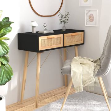 Gossi masa consola negru 80x30x75 cm lemn masiv pin si ratan natural
