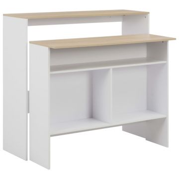 Gossi masa de bar cu 2 blaturi, alb si stejar, 130x40x120 cm
