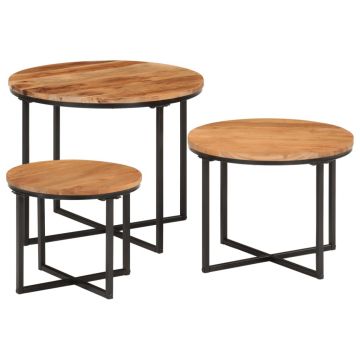 Gossi masute de cafea suprapuse, 3 buc., lemn masiv de acacia/fier