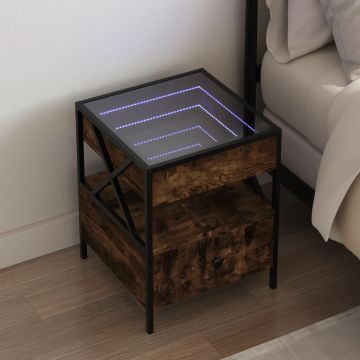 Gossi noptiera cu led infinity, stejar fumuriu, 40x40x51 cm