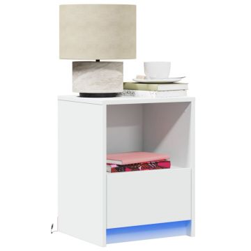 Gossi noptiera cu lumini led, alb, lemn prelucrat