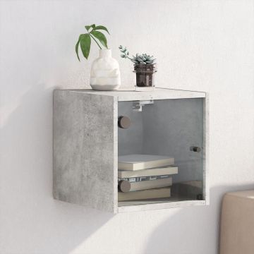 Gossi noptiera cu usa din sticla, gri beton, 35x37x35 cm