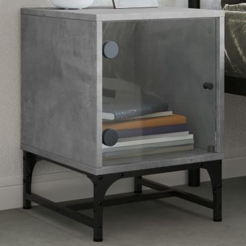 Gossi noptiera cu usa din sticla, gri beton, 35x37x50 cm