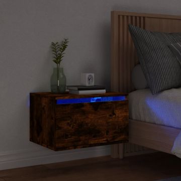 Gossi noptiera montata pe perete cu lumini led, stejar fumuriu