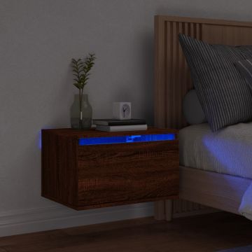 Gossi noptiera montata pe perete cu lumini led, stejar maro