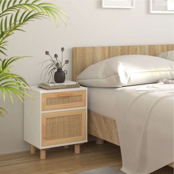 Gossi noptiera, alb, lemn masiv de pin si ratan natural