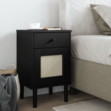 Gossi noptiera senja, aspect ratan negru, 40x35x65 cm, lemn masiv pin